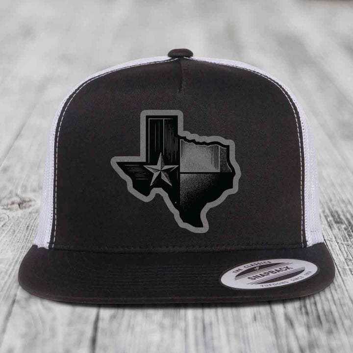 Texas Shaped Flag - Leather Patch Hat - Grey to Black Patch - Yupoong 6006 Snapback Flatbill Hat