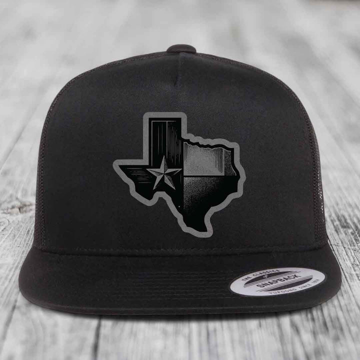 Texas Shaped Flag - Leather Patch Hat - Grey to Black Patch - Yupoong 6006 Snapback Flatbill Hat