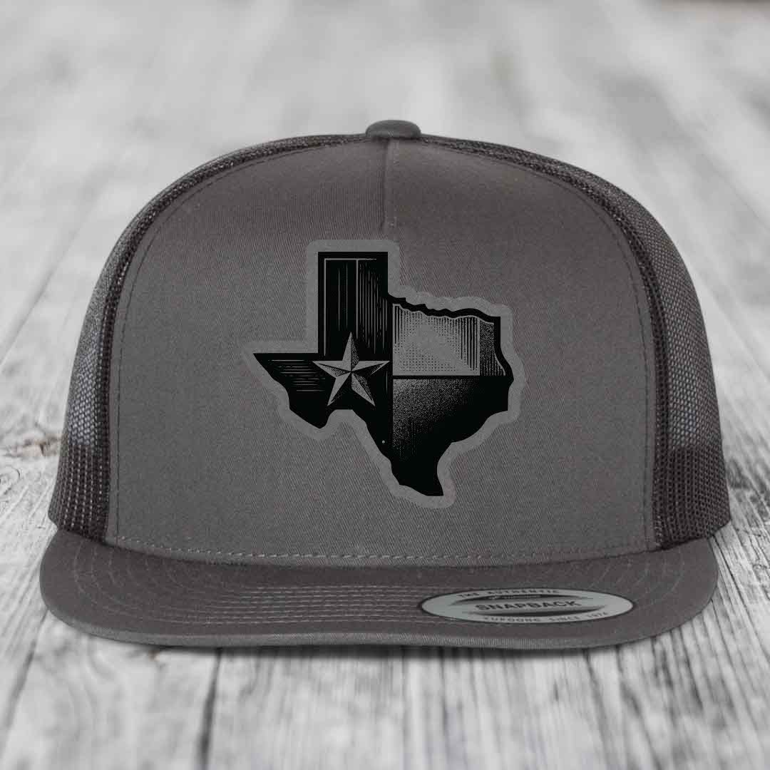 Texas Shaped Flag - Leather Patch Hat - Grey to Black Patch - Yupoong 6006 Snapback Flatbill Hat