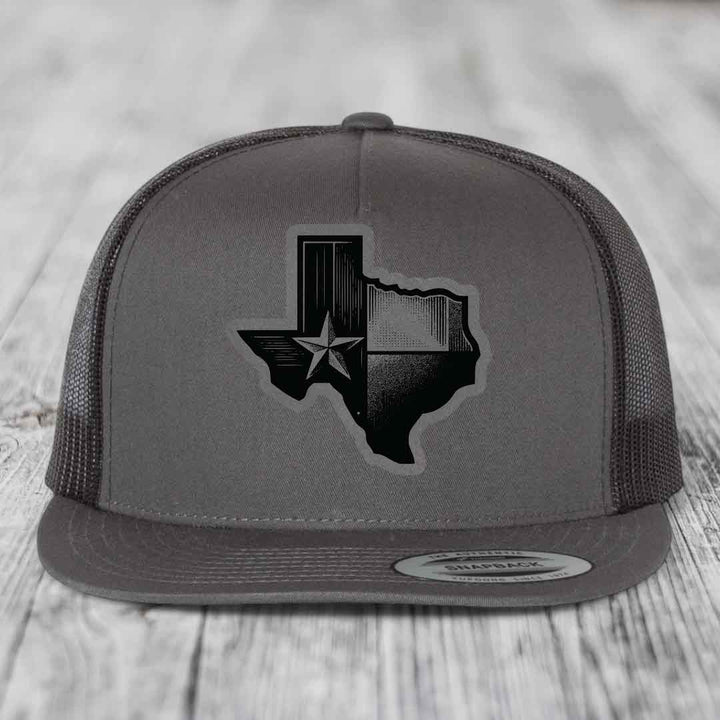 Texas Shaped Flag - Leather Patch Hat - Grey to Black Patch - Yupoong 6006 Snapback Flatbill Hat
