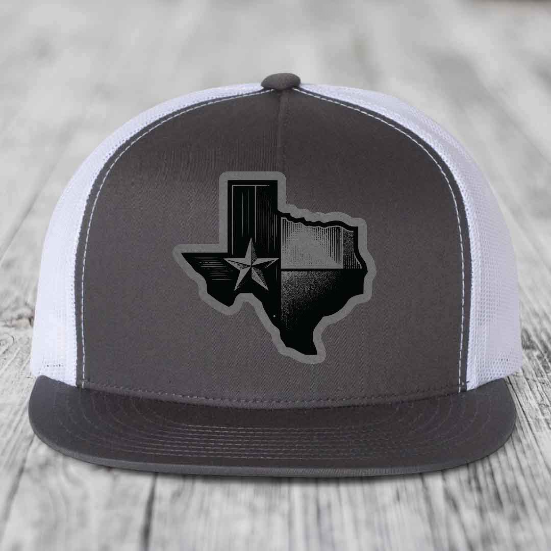 Texas Shaped Flag - Leather Patch Hat - Grey to Black Patch - Yupoong 6006 Snapback Flatbill Hat