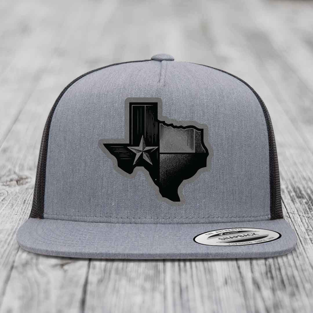 Texas Shaped Flag - Leather Patch Hat - Grey to Black Patch - Yupoong 6006 Snapback Flatbill Hat