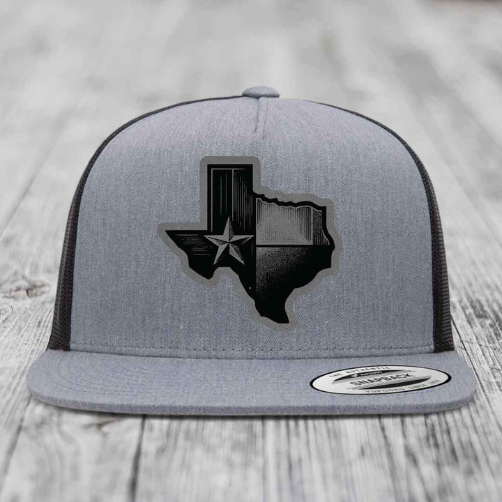 Texas Shaped Flag - Leather Patch Hat - Grey to Black Patch - Yupoong 6006 Snapback Flatbill Hat