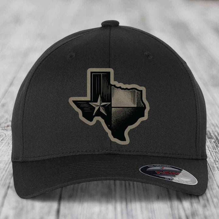 Texas Shaped Flag - Leather Patch Hat - Light Brown to Black Patch - Flexfit 6277 Fitted Hat