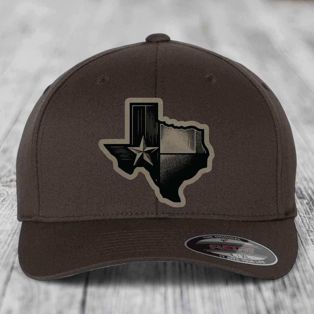 Brown baseball cap with Texas-shaped patch featuring star and gradient design.