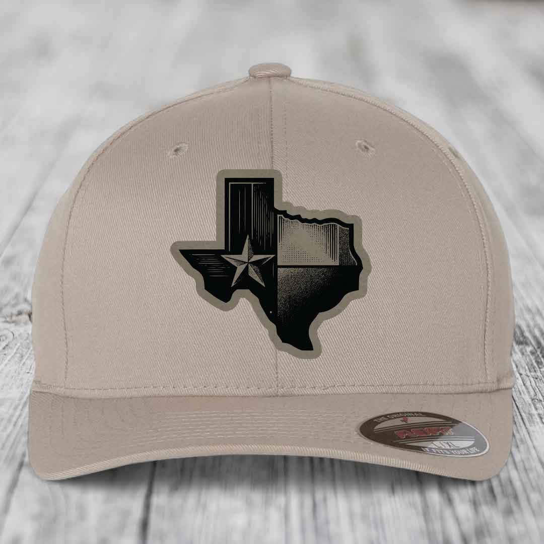 Texas Shaped Flag - Leather Patch Hat - Light Brown to Black Patch - Flexfit 6277 Fitted Hat