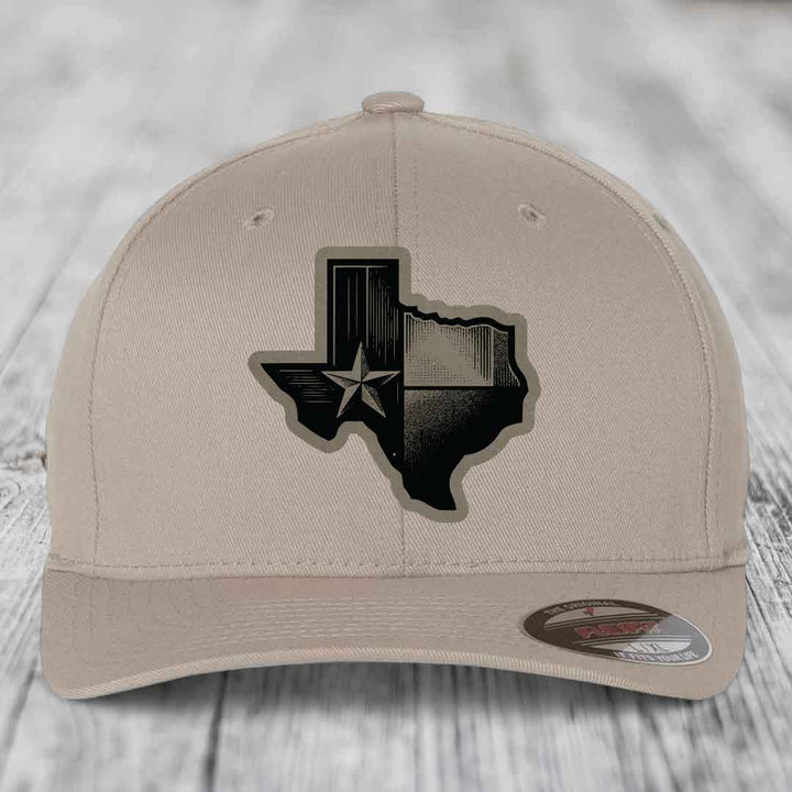 Texas Shaped Flag - Leather Patch Hat - Light Brown to Black Patch - Flexfit 6277 Fitted Hat