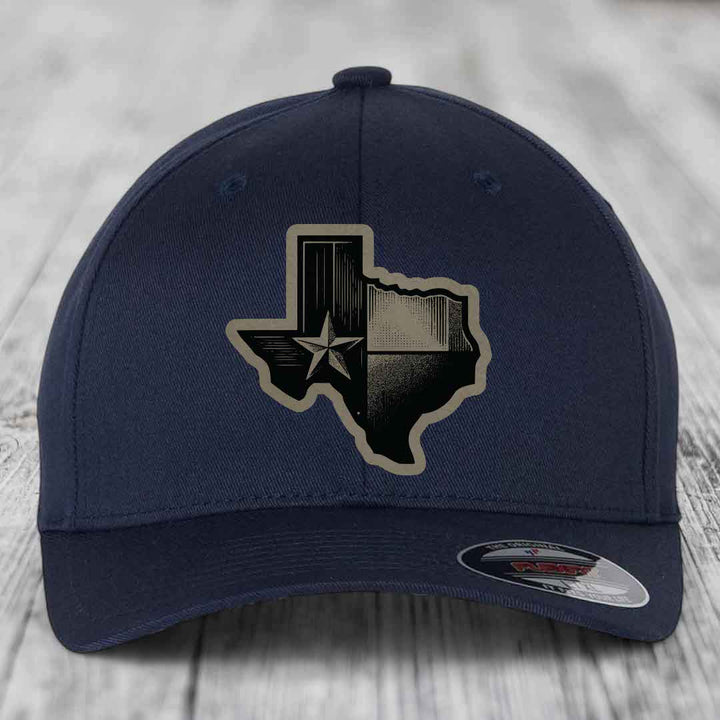 Texas Shaped Flag - Leather Patch Hat - Light Brown to Black Patch - Flexfit 6277 Fitted Hat