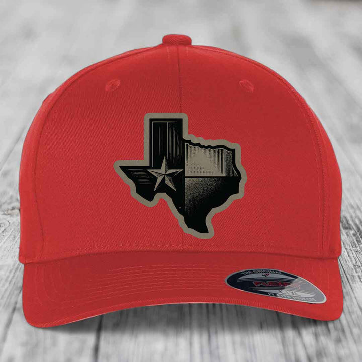 Texas Shaped Flag - Leather Patch Hat - Light Brown to Black Patch - Flexfit 6277 Fitted Hat