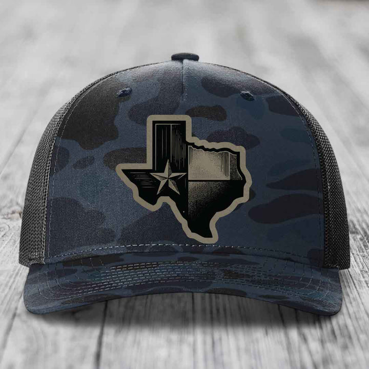 Texas Shaped Flag - Leather Patch Hat - Light Brown to Black Patch - Richardson 112PFP Snapback Trucker Hat