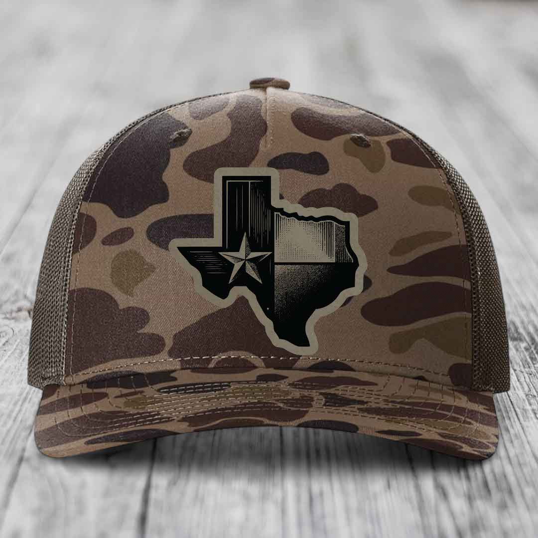 Texas Shaped Flag - Leather Patch Hat - Light Brown to Black Patch - Richardson 112PFP Snapback Trucker Hat