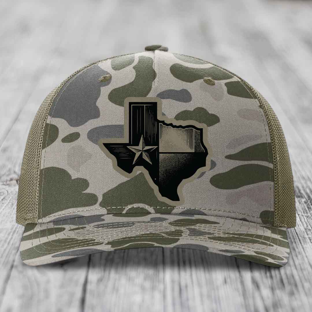 Texas Shaped Flag - Leather Patch Hat - Light Brown to Black Patch - Richardson 112PFP Snapback Trucker Hat