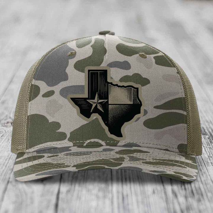 Texas Shaped Flag - Leather Patch Hat - Light Brown to Black Patch - Richardson 112PFP Snapback Trucker Hat