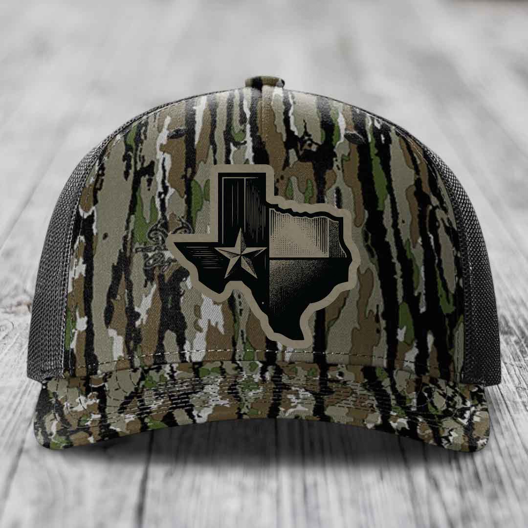 Texas Shaped Flag - Leather Patch Hat - Light Brown to Black Patch - Richardson 112PFP Snapback Trucker Hat