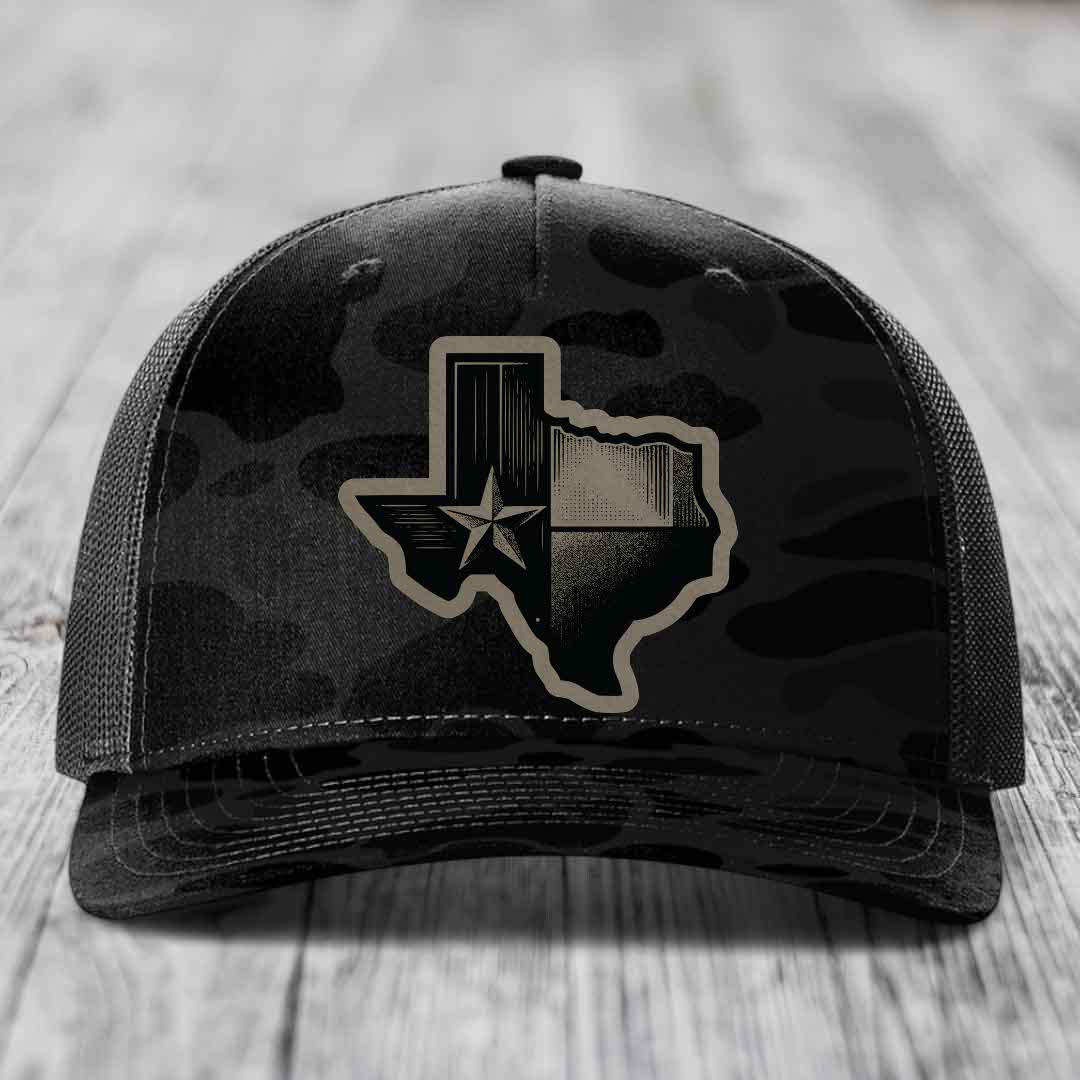 Texas Shaped Flag - Leather Patch Hat - Light Brown to Black Patch - Richardson 112PFP Snapback Trucker Hat