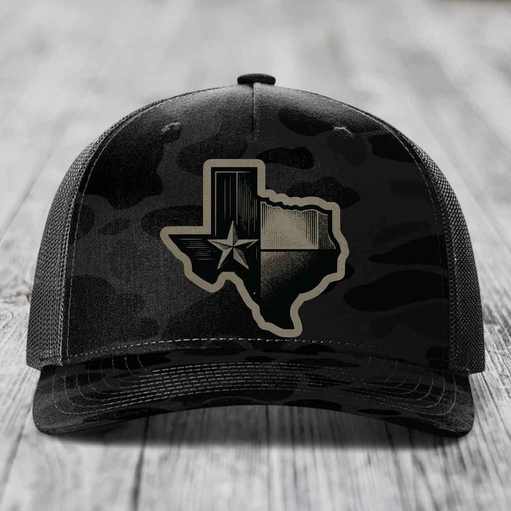 Texas Shaped Flag - Leather Patch Hat - Light Brown to Black Patch - Richardson 112PFP Snapback Trucker Hat