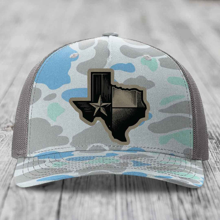 Texas Shaped Flag - Leather Patch Hat - Light Brown to Black Patch - Richardson 112PFP Snapback Trucker Hat