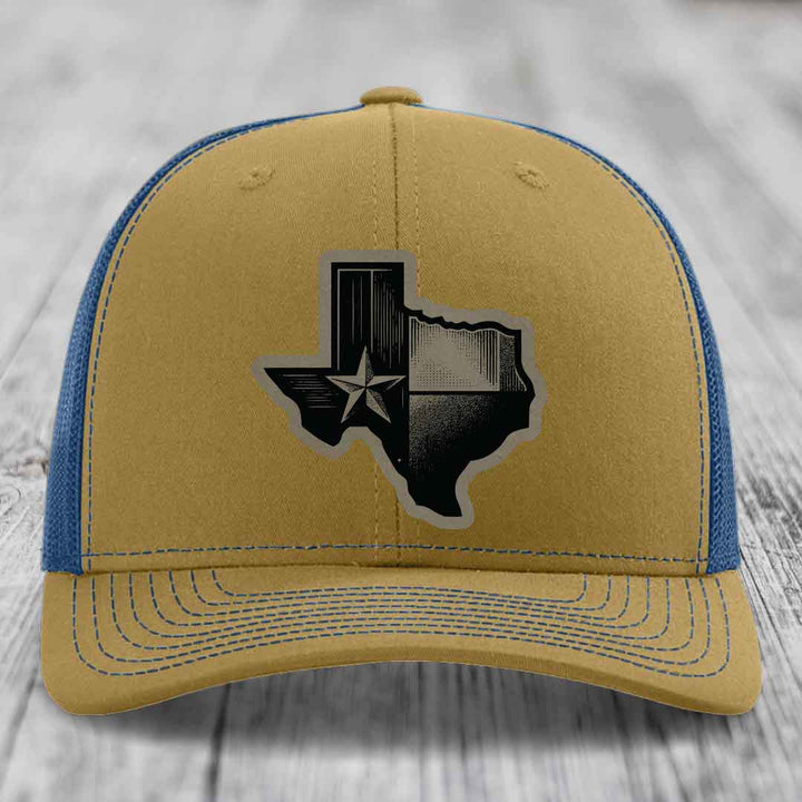 Texas Shaped Flag - Leather Patch Hat - Light Brown to Black Patch - Richardson 112 Snapback Trucker Hat