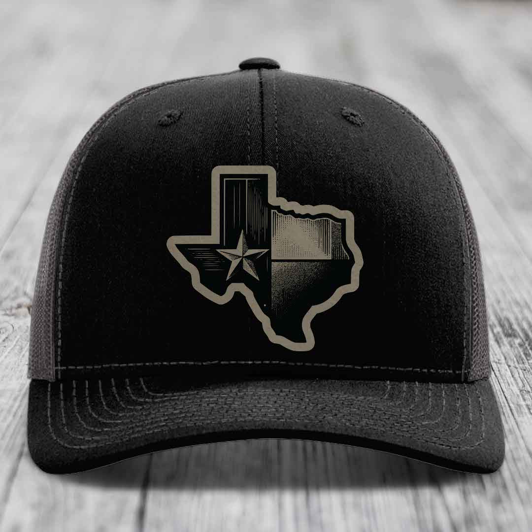 Texas Shaped Flag - Leather Patch Hat - Light Brown to Black Patch - Richardson 112 Snapback Trucker Hat