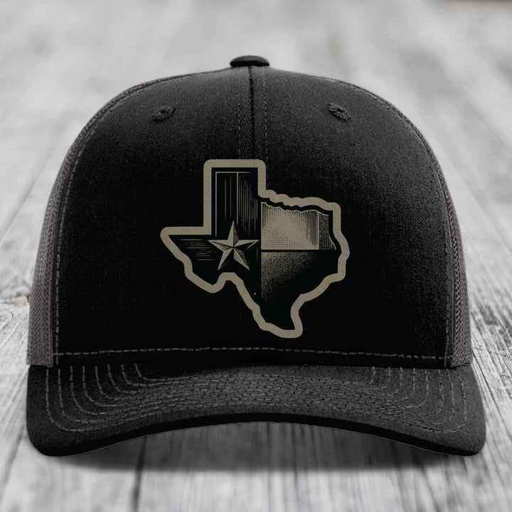 Texas Shaped Flag - Leather Patch Hat - Light Brown to Black Patch - Richardson 112 Snapback Trucker Hat
