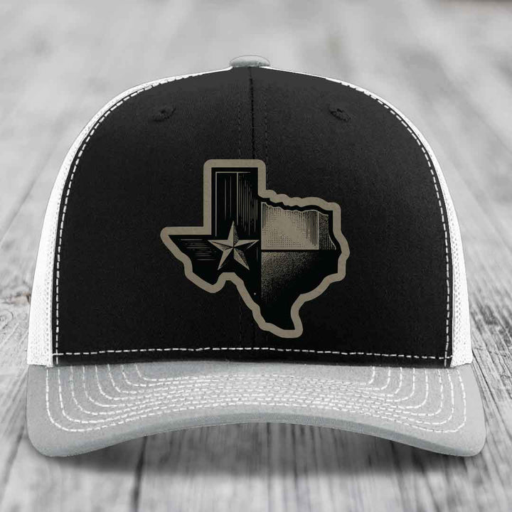 Texas Shaped Flag - Leather Patch Hat - Light Brown to Black Patch - Richardson 112 Snapback Trucker Hat