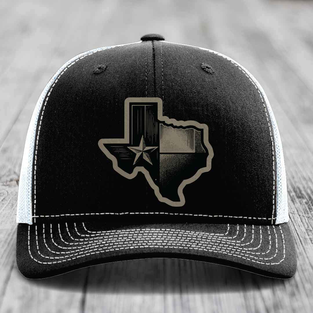 Texas Shaped Flag - Leather Patch Hat - Light Brown to Black Patch - Richardson 112 Snapback Trucker Hat