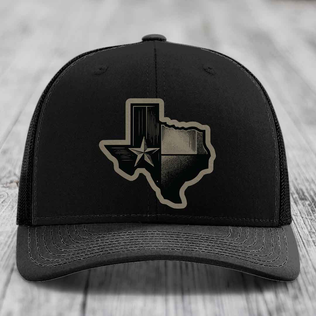 Texas Shaped Flag - Leather Patch Hat - Light Brown to Black Patch - Richardson 112 Snapback Trucker Hat