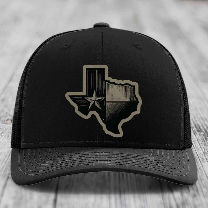 Texas Shaped Flag - Leather Patch Hat - Light Brown to Black Patch - Richardson 112 Snapback Trucker Hat