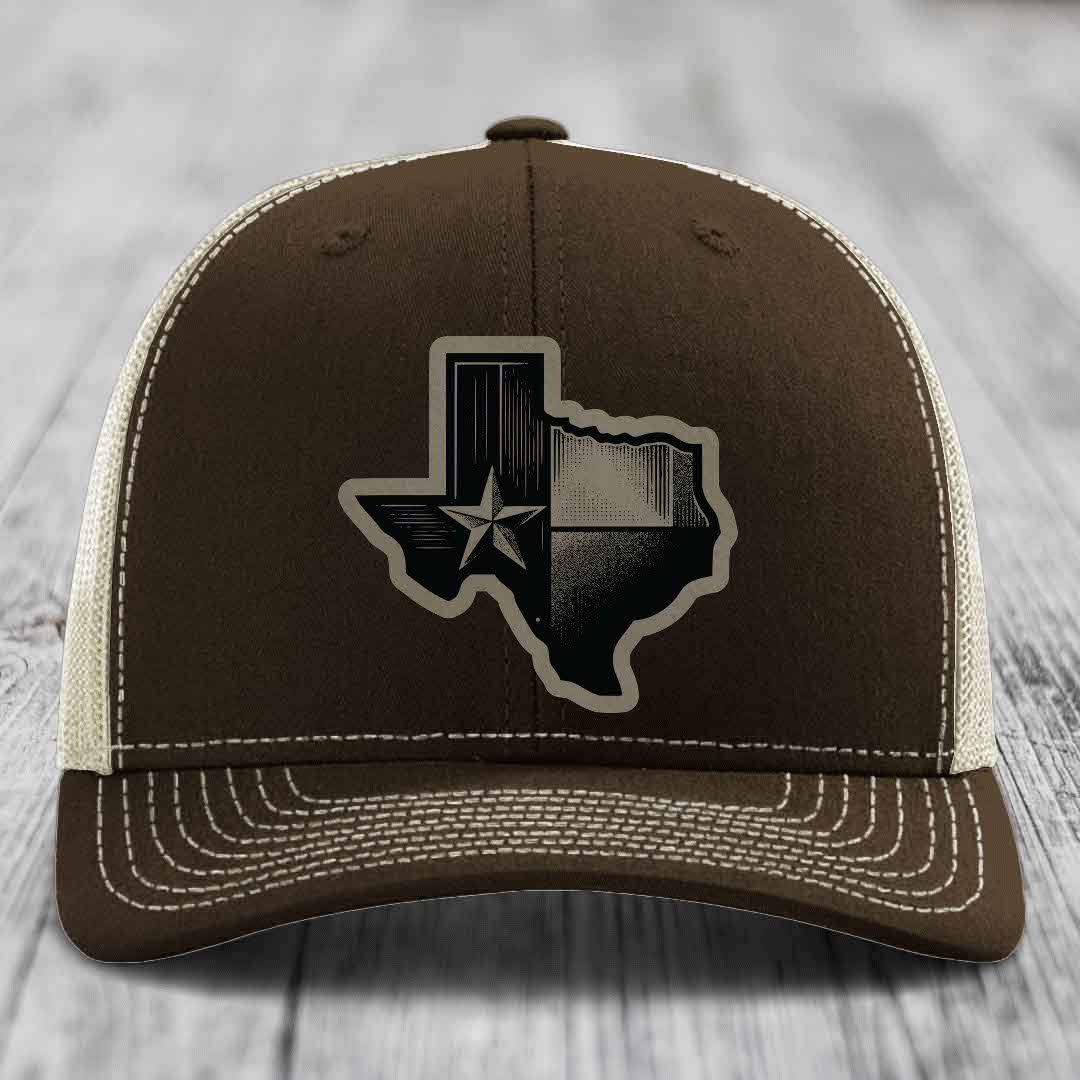 Texas Shaped Flag - Leather Patch Hat - Light Brown to Black Patch - Richardson 112 Snapback Trucker Hat