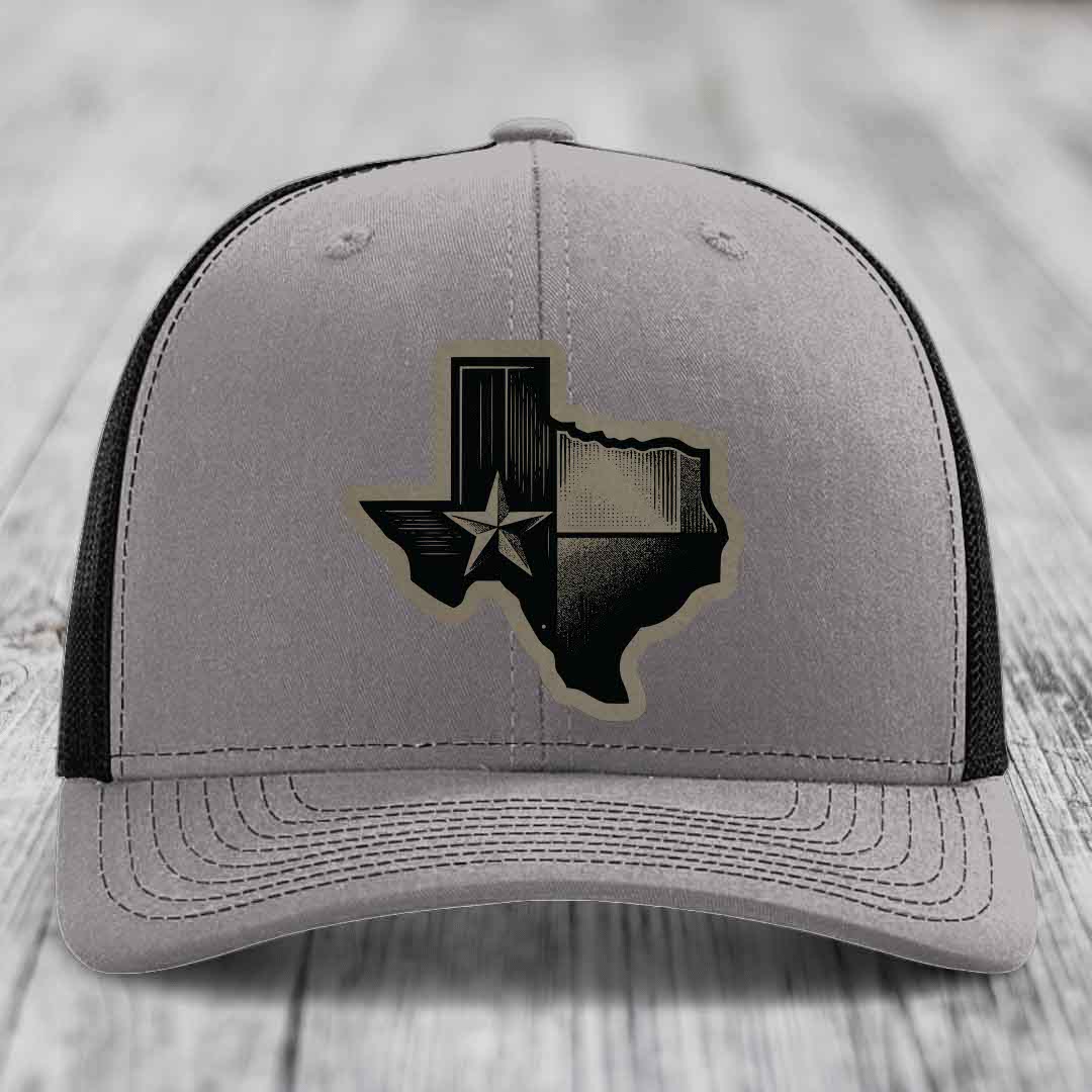 Texas Shaped Flag - Leather Patch Hat - Light Brown to Black Patch - Richardson 112 Snapback Trucker Hat