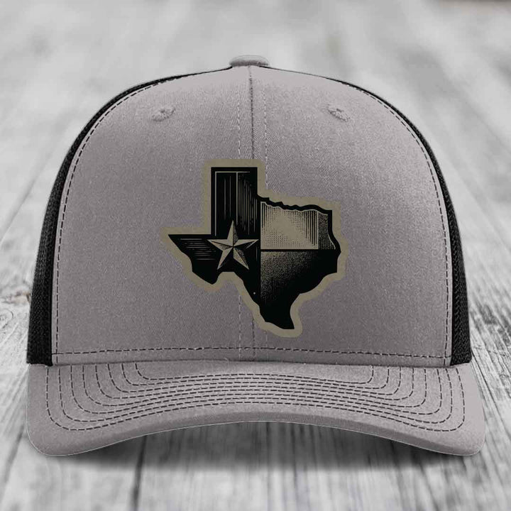 Texas Shaped Flag - Leather Patch Hat - Light Brown to Black Patch - Richardson 112 Snapback Trucker Hat