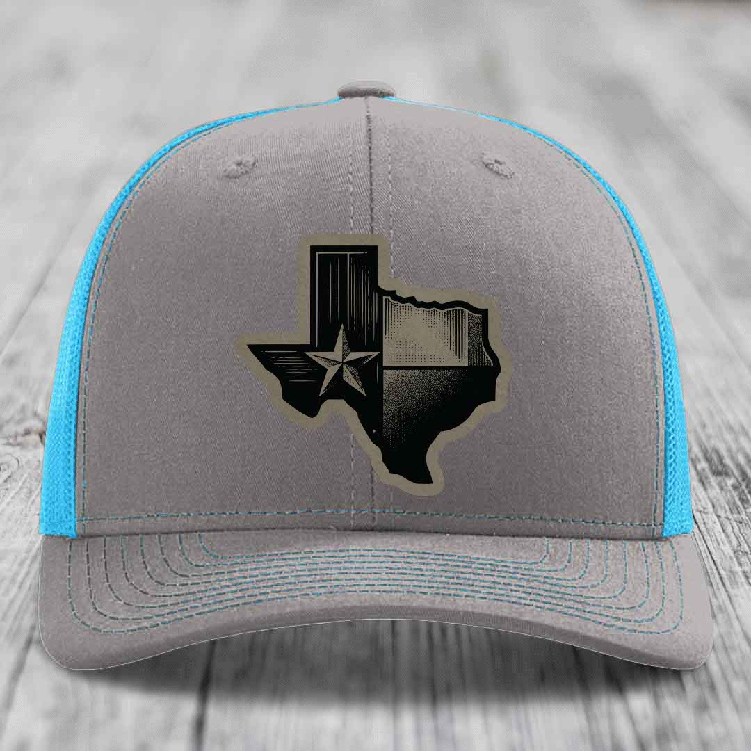 Texas Shaped Flag - Leather Patch Hat - Light Brown to Black Patch - Richardson 112 Snapback Trucker Hat