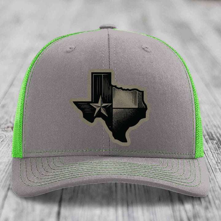 Texas Shaped Flag - Leather Patch Hat - Light Brown to Black Patch - Richardson 112 Snapback Trucker Hat