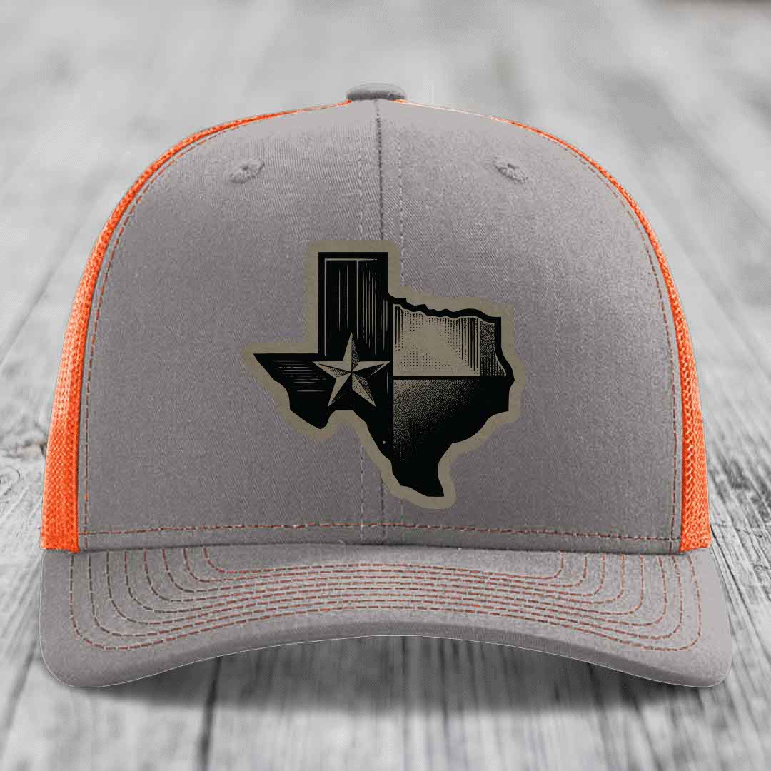 Texas Shaped Flag - Leather Patch Hat - Light Brown to Black Patch - Richardson 112 Snapback Trucker Hat