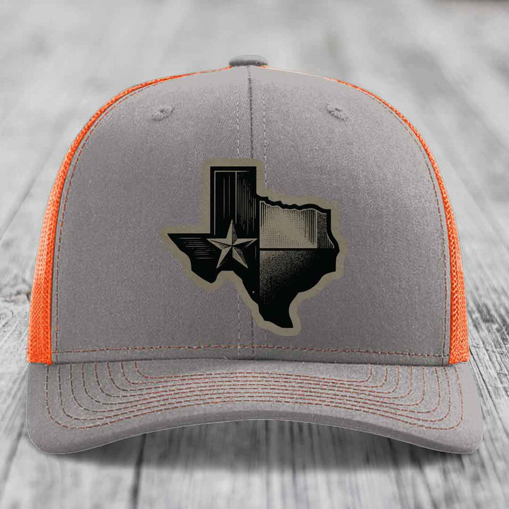 Texas Shaped Flag - Leather Patch Hat - Light Brown to Black Patch - Richardson 112 Snapback Trucker Hat