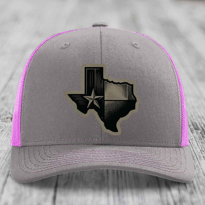 Texas Shaped Flag - Leather Patch Hat - Light Brown to Black Patch - Richardson 112 Snapback Trucker Hat