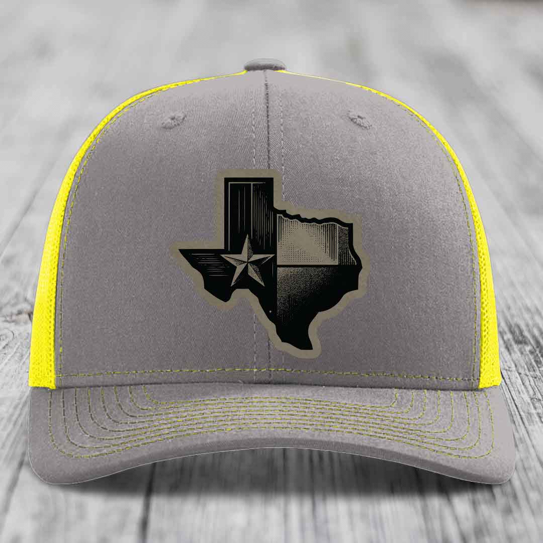 Texas Shaped Flag - Leather Patch Hat - Light Brown to Black Patch - Richardson 112 Snapback Trucker Hat