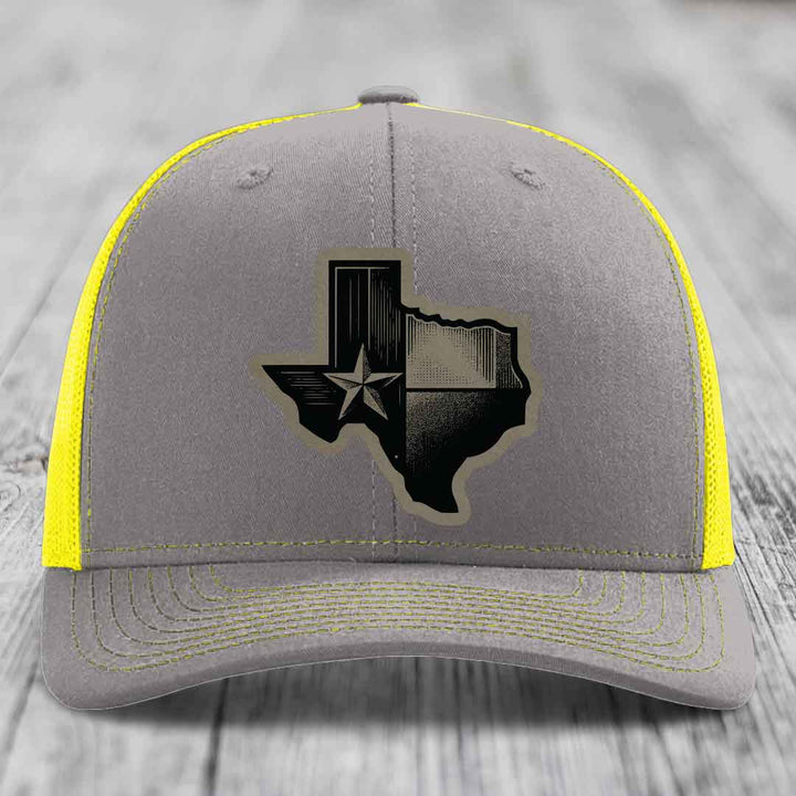 Texas Shaped Flag - Leather Patch Hat - Light Brown to Black Patch - Richardson 112 Snapback Trucker Hat