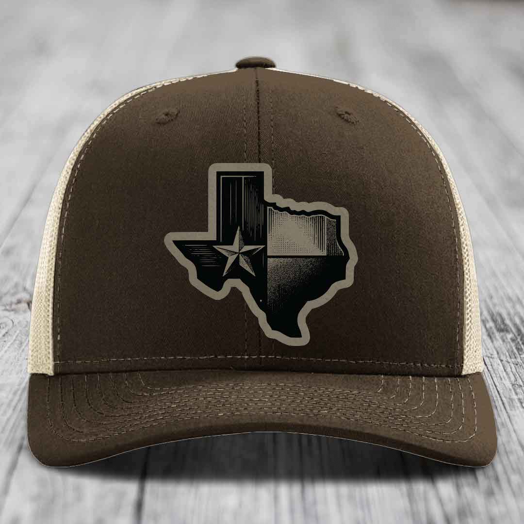 Texas Shaped Flag - Leather Patch Hat - Light Brown to Black Patch - Richardson 112 Snapback Trucker Hat