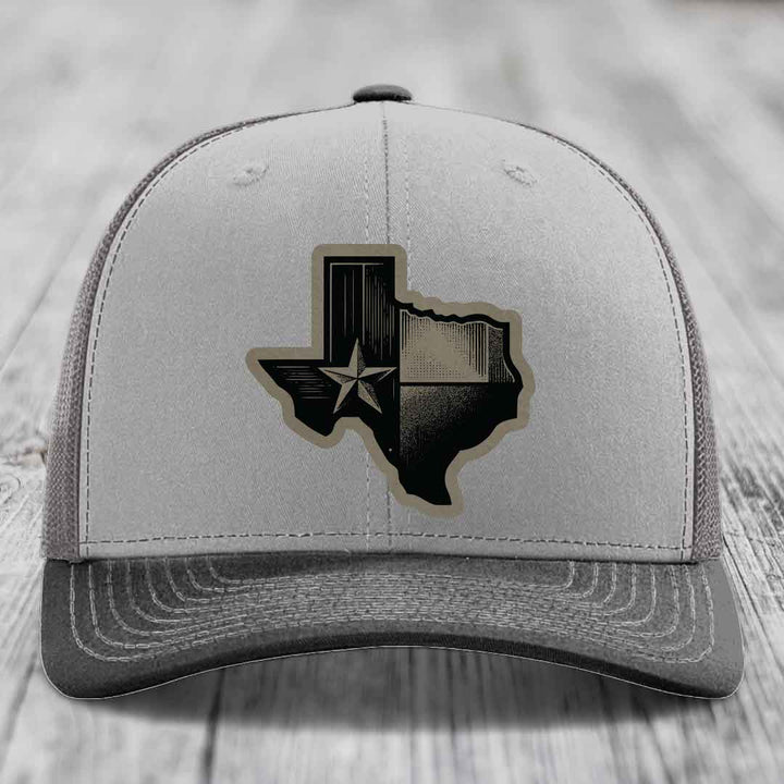 Texas Shaped Flag - Leather Patch Hat - Light Brown to Black Patch - Richardson 112 Snapback Trucker Hat