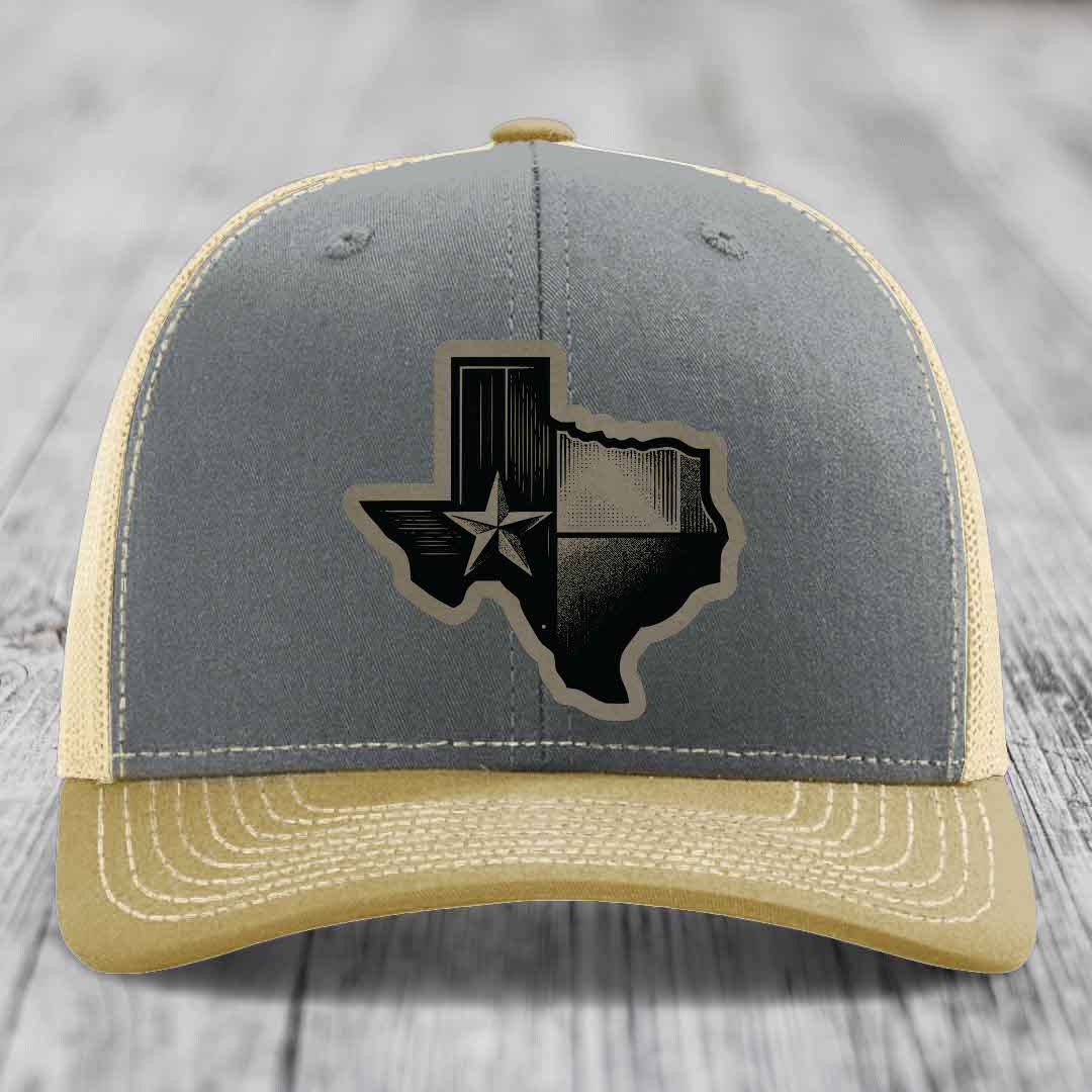 Texas Shaped Flag - Leather Patch Hat - Light Brown to Black Patch - Richardson 112 Snapback Trucker Hat