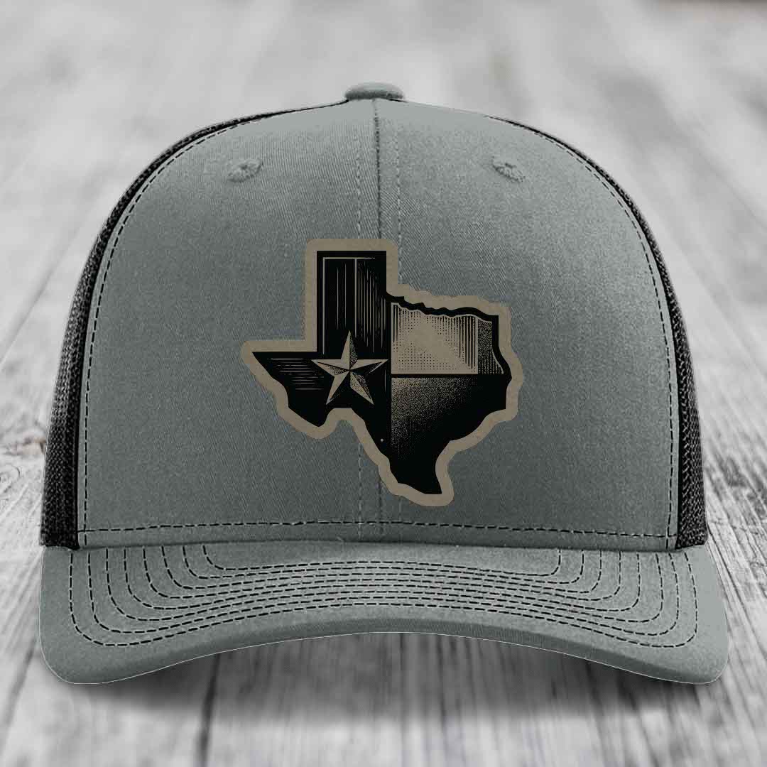 Texas Shaped Flag - Leather Patch Hat - Light Brown to Black Patch - Richardson 112 Snapback Trucker Hat