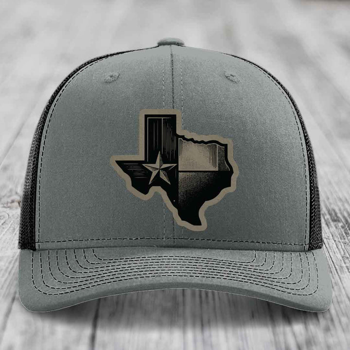 Texas Shaped Flag - Leather Patch Hat - Light Brown to Black Patch - Richardson 112 Snapback Trucker Hat