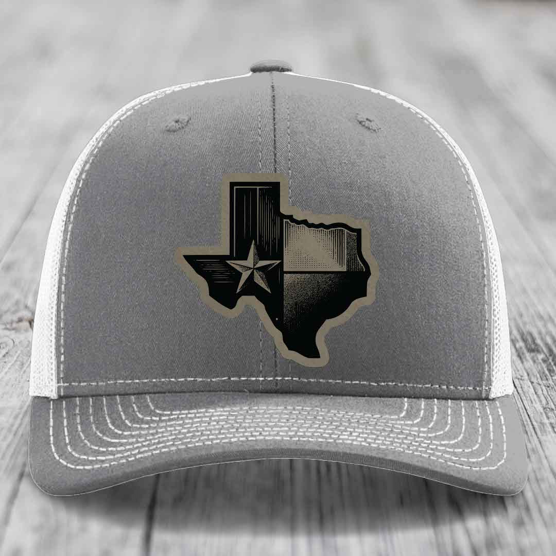 Texas Shaped Flag - Leather Patch Hat - Light Brown to Black Patch - Richardson 112 Snapback Trucker Hat