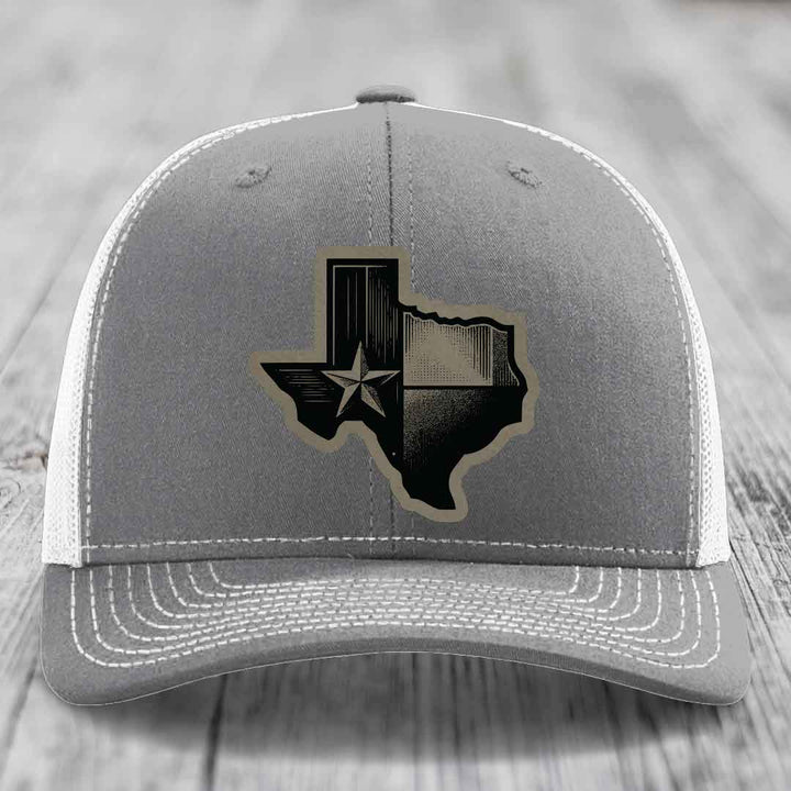 Texas Shaped Flag - Leather Patch Hat - Light Brown to Black Patch - Richardson 112 Snapback Trucker Hat