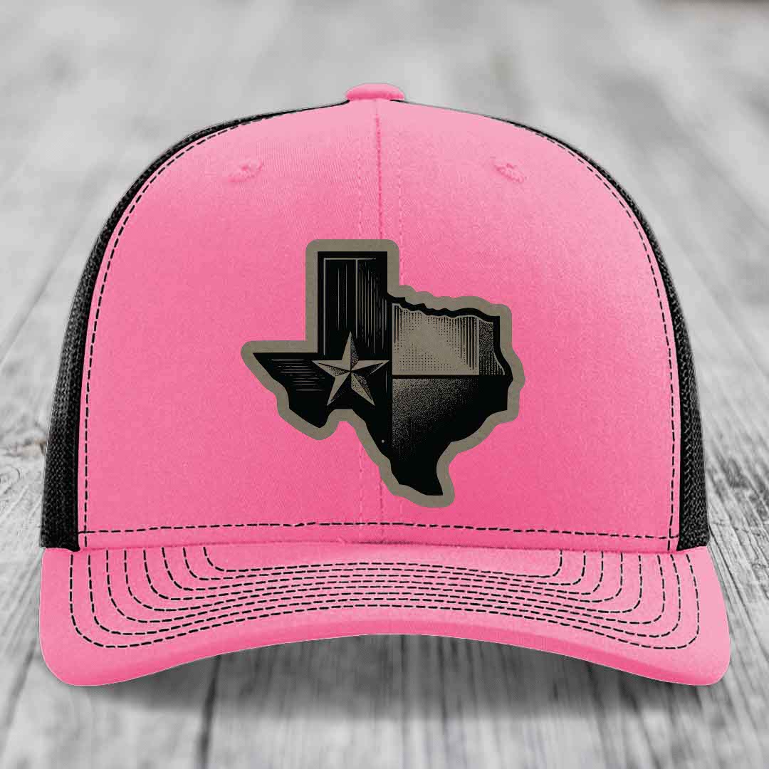 Texas Shaped Flag - Leather Patch Hat - Light Brown to Black Patch - Richardson 112 Snapback Trucker Hat