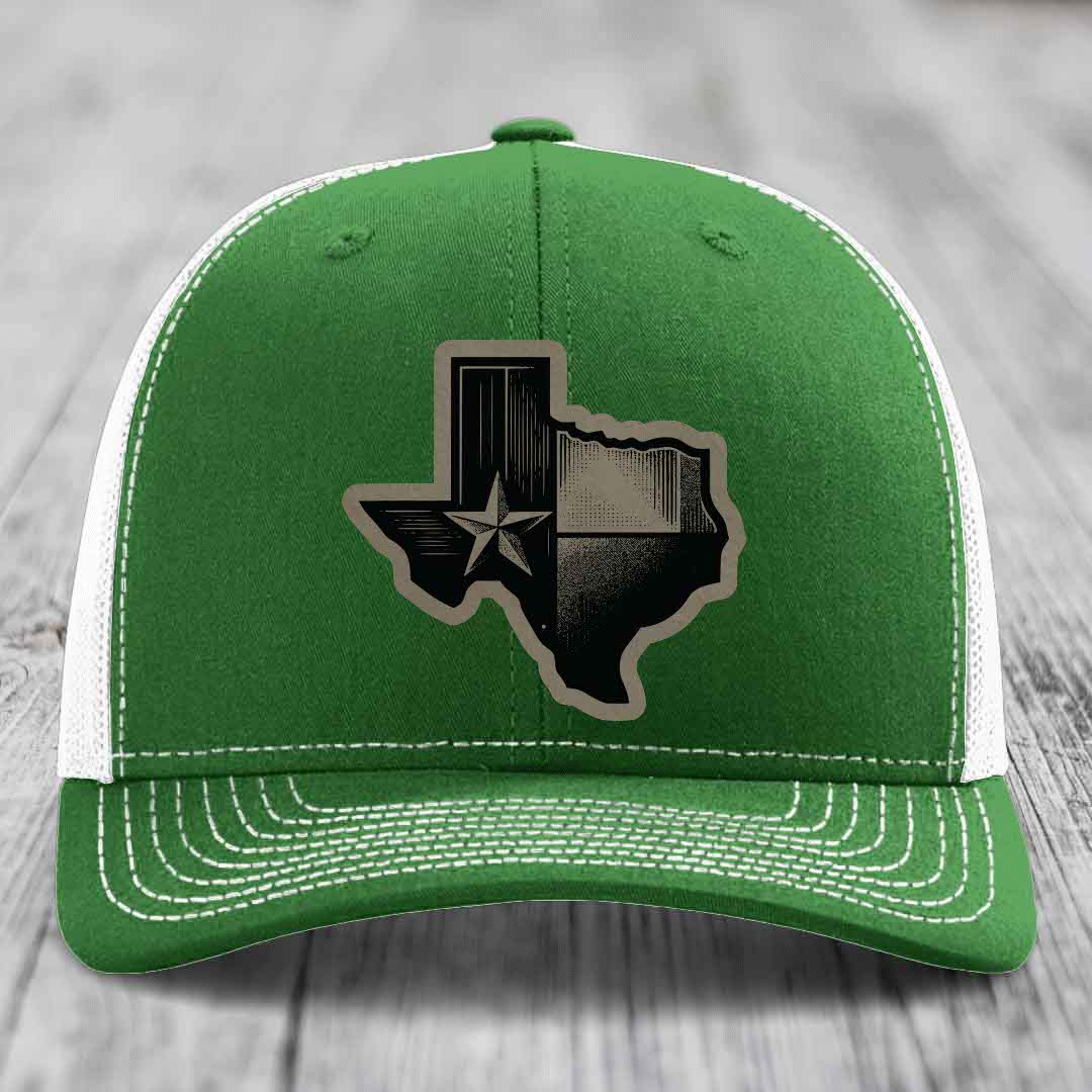 Texas Shaped Flag - Leather Patch Hat - Light Brown to Black Patch - Richardson 112 Snapback Trucker Hat