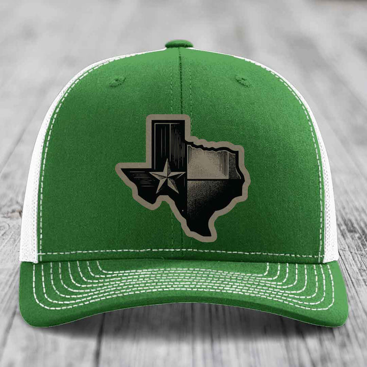 Texas Shaped Flag - Leather Patch Hat - Light Brown to Black Patch - Richardson 112 Snapback Trucker Hat
