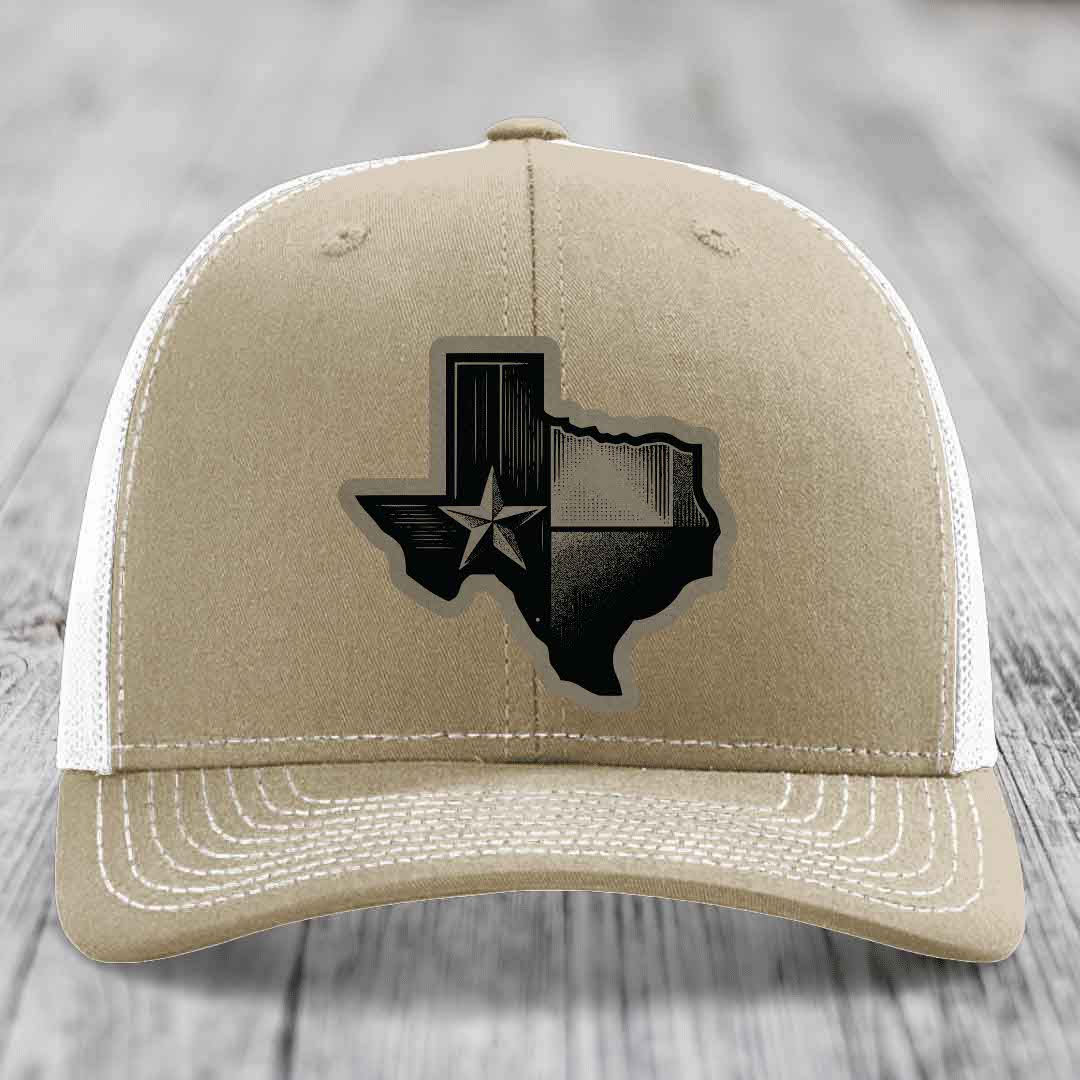 Texas Shaped Flag - Leather Patch Hat - Light Brown to Black Patch - Richardson 112 Snapback Trucker Hat