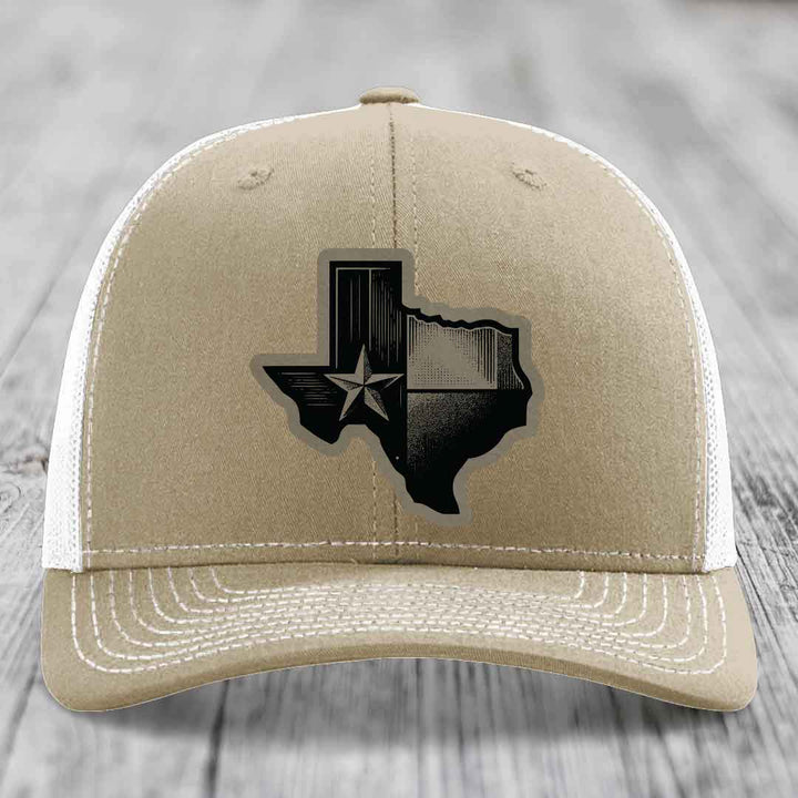 Texas Shaped Flag - Leather Patch Hat - Light Brown to Black Patch - Richardson 112 Snapback Trucker Hat